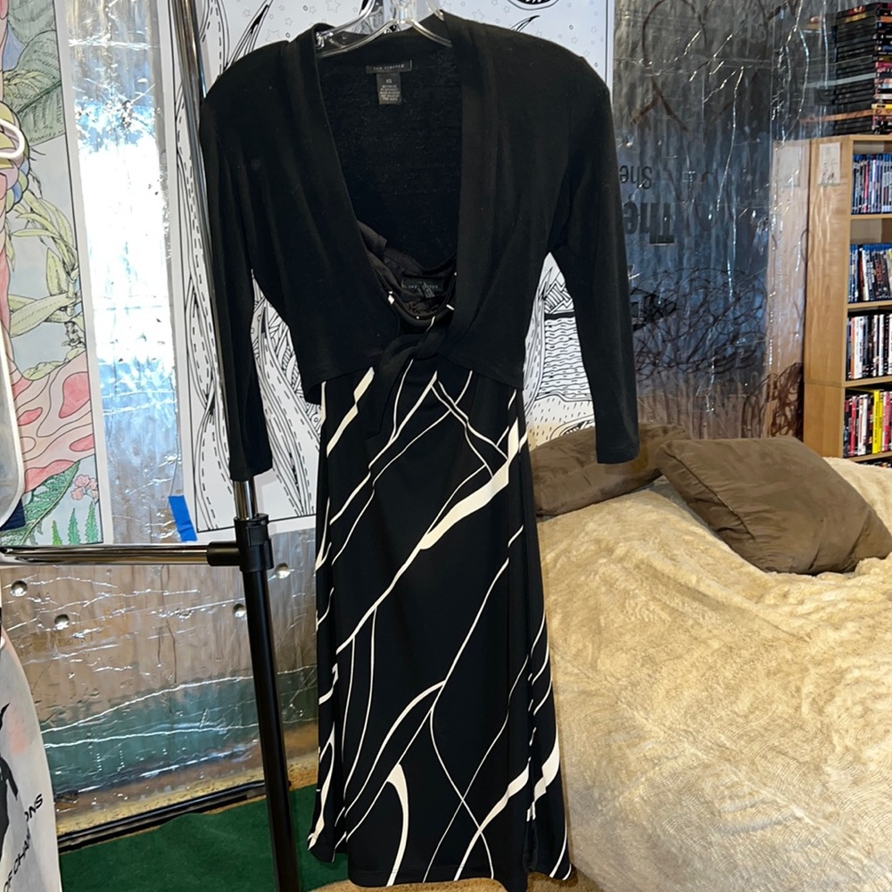 The Limited, Black with creme swirls dress with black cardigan